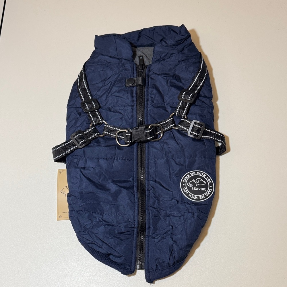 Navy Quilted Dog Puffer Vest with Reflective Harness
